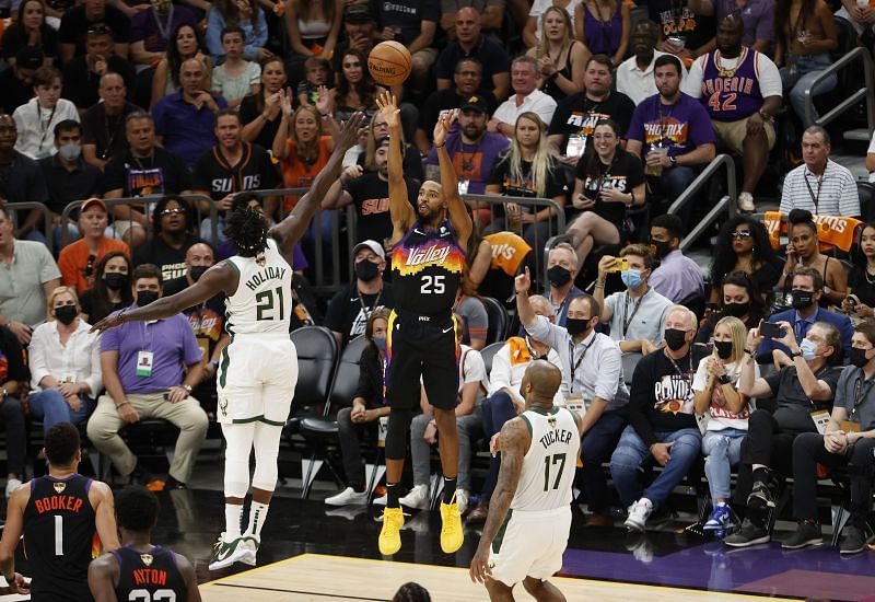 Mikal Bridges shoots during the first half in Game 1 of the NBA Finals