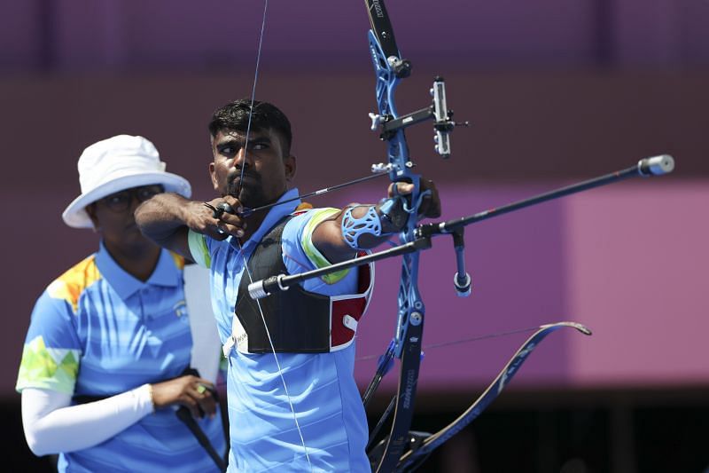 Archery - Pravin Jadhav in action during men&#039;s team event