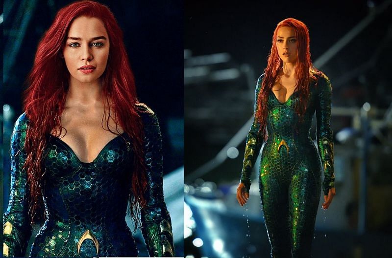 Emilia Clarke as Mera in fan art, and Amber Heard as Mera in Aquaman (2018). (Image via: Twitter/DCUnited, and Warner Bros.)