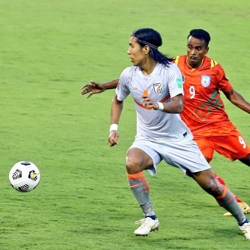 Chinglensana Singh in action for the Indian Football Team against Bangladesh