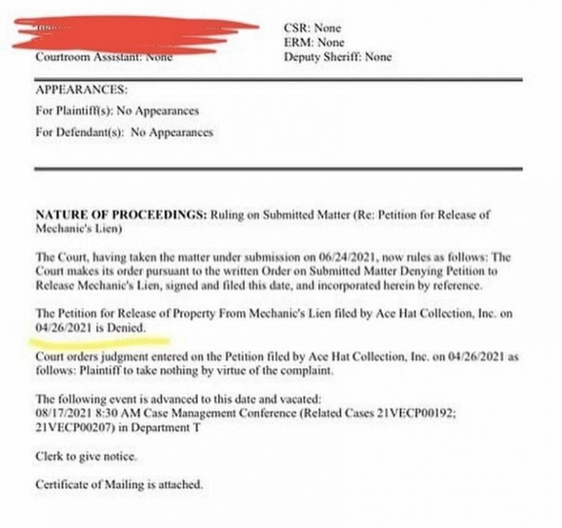 ACE Family reportedly sued for $30 million and denied a &quot;mechanic lien&quot; from the court 2/3 (Image via Twitter)