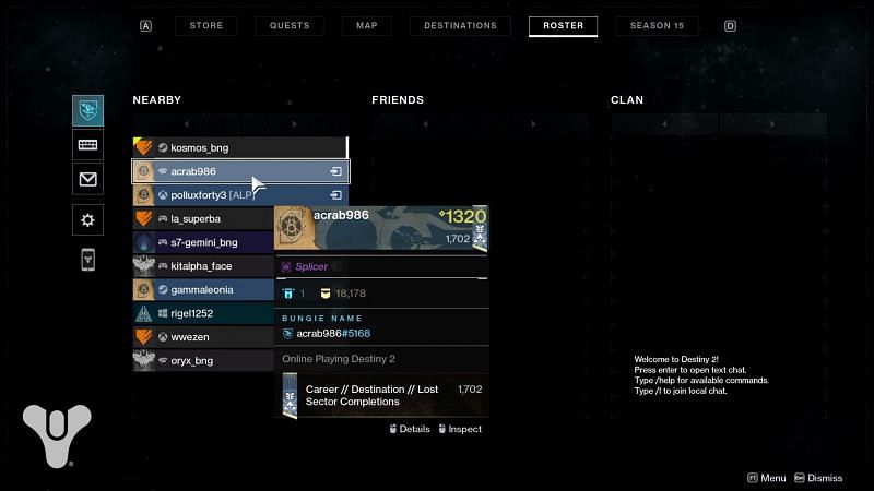 Example of a player tooltip in the roster screen of Destiny 2 (Image via Bungie)