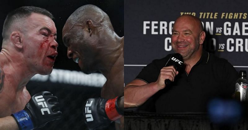 Colby Covington (left), Kamaru Usman(center) &amp; Dana White (right)