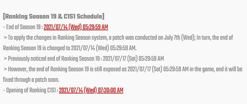 The official schedule of the Ranking Season 19 on the official Battlegrounds Mobile India website