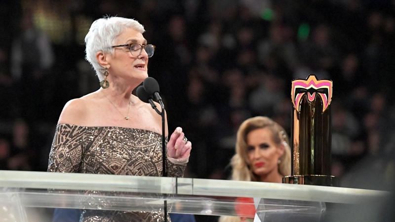 Sue Aitchison accepting her Warrior Award at the WWE Hall of Fame in 2019