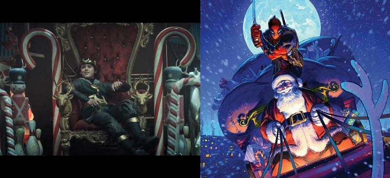 Santa themed throne of Kid Loki in Episode 5, and &quot;Santa&quot; in Comics. (Image via: Disney +/ Marvel / Marvel Comics)