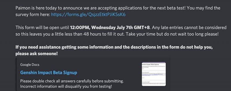 The application post in the Genshin Impact Discord (Image via Genshin Impact Discord)