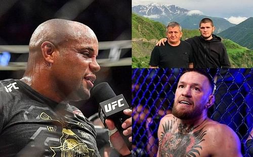 Daniel Cormier (left); Abdulmanap and Khabib Nurmagomedov (top right); Conor McGregor (bottom right)