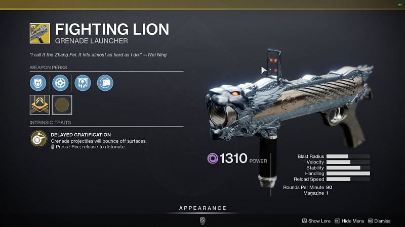 Destiny 2 exotic weapon Fighting Lion (image source via destiny 2 the game)
