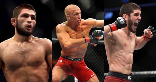 Khabib Nurmagomedov (left); Georges St-Pierre (center); Islam Makhachev (right)