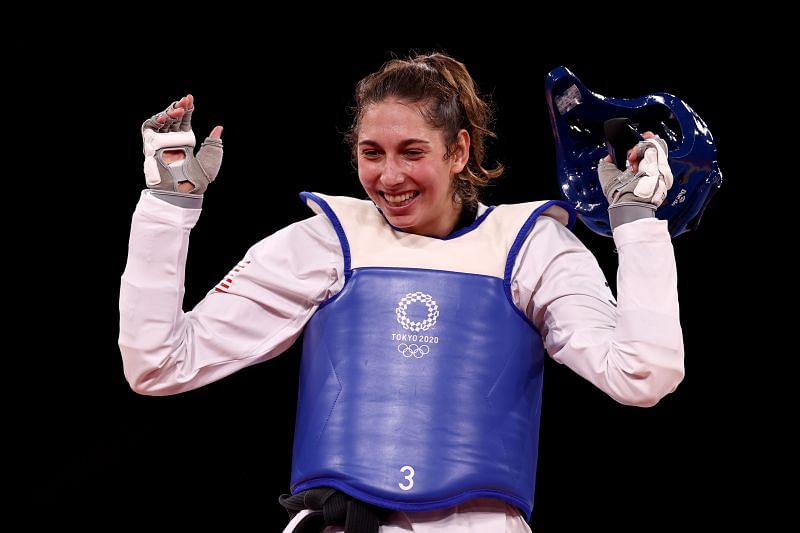 Anastasija Zolotic of Team United States celebrates after qualifying for the finals at Tokyo Olympics 2020