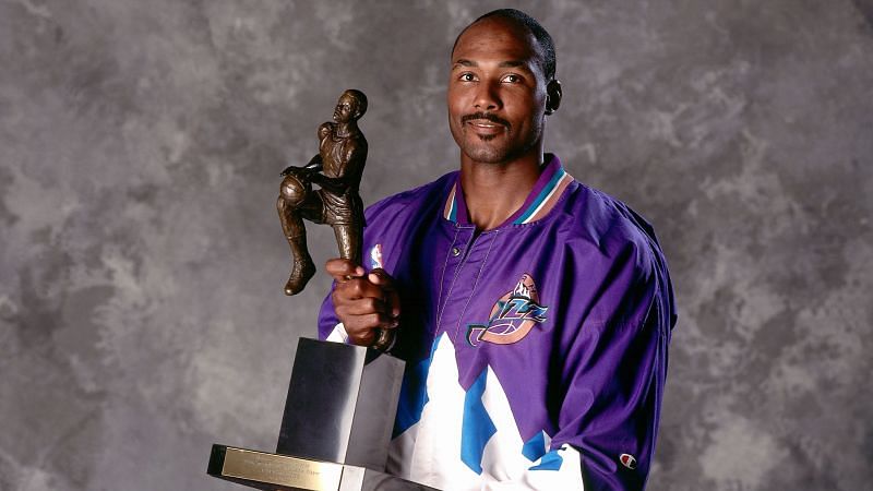 Karl Malone with the MVP trophy.