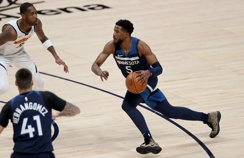 &lt;a href=&#039;https://www.sportskeeda.com/basketball/malik-beasley&#039; target=&#039;_blank&#039; rel=&#039;noopener noreferrer&#039;&gt;Malik Beasley&lt;/a&gt; #5 drives against the Denver Nuggets.