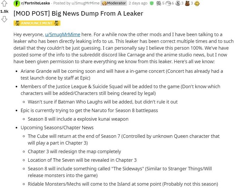 Reddit post revealing the upcoming changes in Fortnite