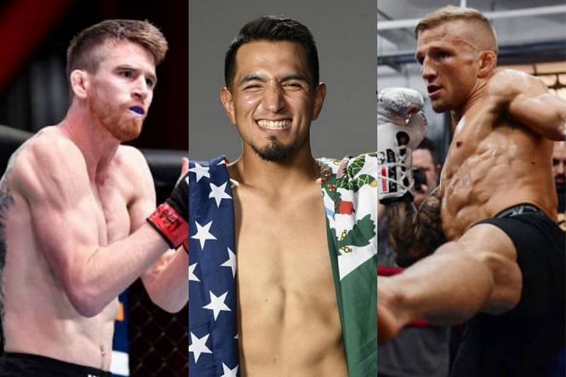 Adrian Yanez (center) gives his predictions for Cory Sandhagen (left) vs. T.J. Dillashaw (right)