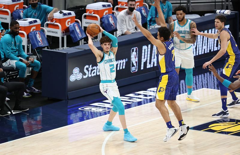 LaMelo Ball #2 of the Charlotte Hornets looks to pass the ball