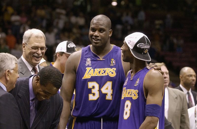 Shaquille O&#039;Neal and Kobe Bryant after winning the 2002 NBA Finals
