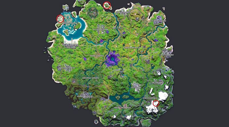 Location of Visit Coral Cove, Base Camp Golf, and Unremarkable Shack (Image via Fortnite.GG)