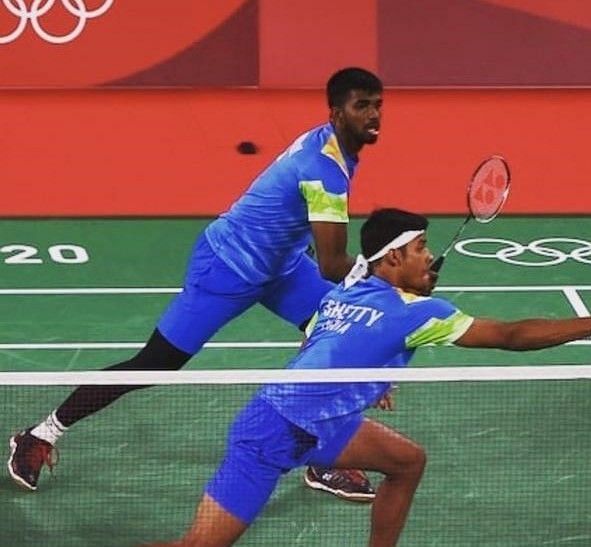 Indian men&#039;s doubles players Chirag Shetty and Satwiksairaj Rankireddy in action during their first match
