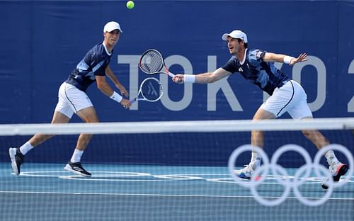 Andy Murray and Joe Salisbury of Team Great Britain play against Tim Puetz and Kevin Krawietz of Team Germany in their men's doubles second-round match at the Tokyo 2020 Olympic Games