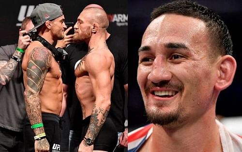 Dustin Poirier (left); Conor McGregor (center); Max Holloway (right)