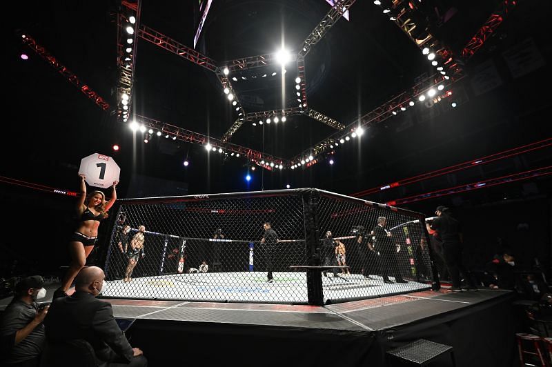 View of UFC Octagon with Ring Girls, Referee and Fighters