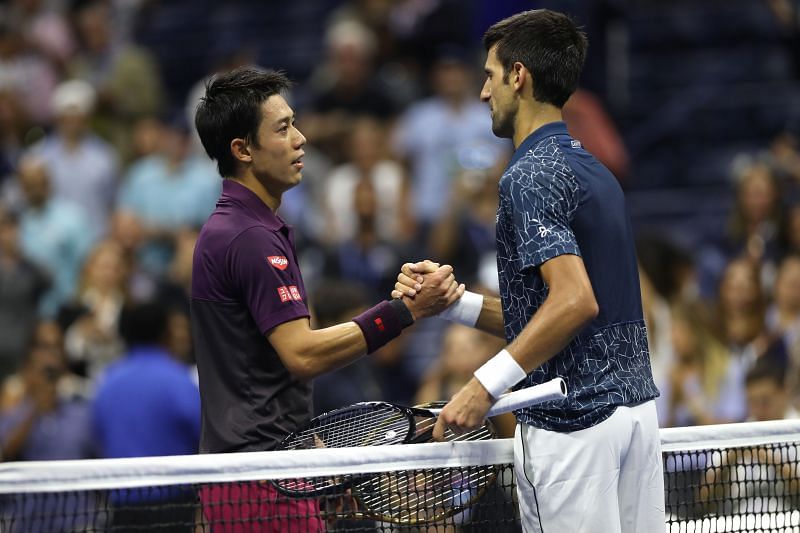 Kei Nishikori and Novak Djokovic after their semifinal match at the 2018 US Open
