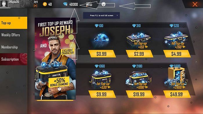 Free Fire diamond prices in the store