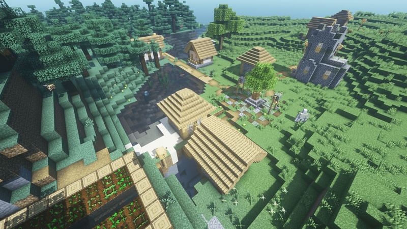 Village with a small opening into a ravine (Image via Minecraft)