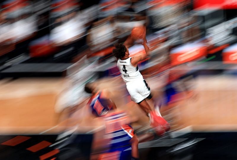 Jalen Green #4 of the G League Ignite drives to the basket during a G-League game.