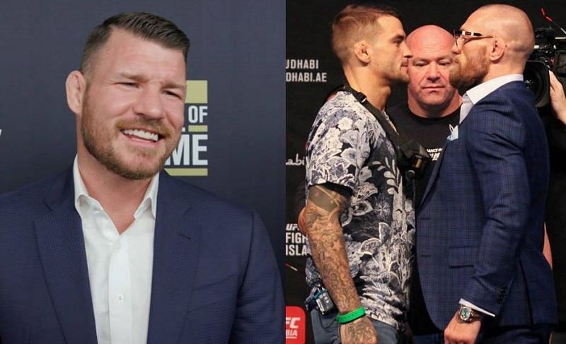 Michael Bisping (left); Dustin Poirier vs. Conor McGregor UFC 257 press conference face-off (right)