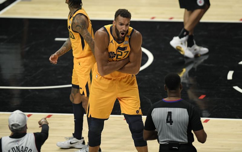 Rudy Gobert #27 reacts to referee Sean Wright #4