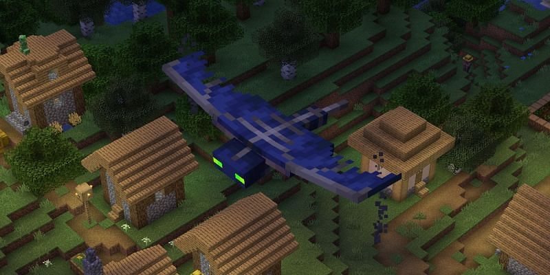 A phantom flying high above a village in Minecraft (Image via lookingforseed)