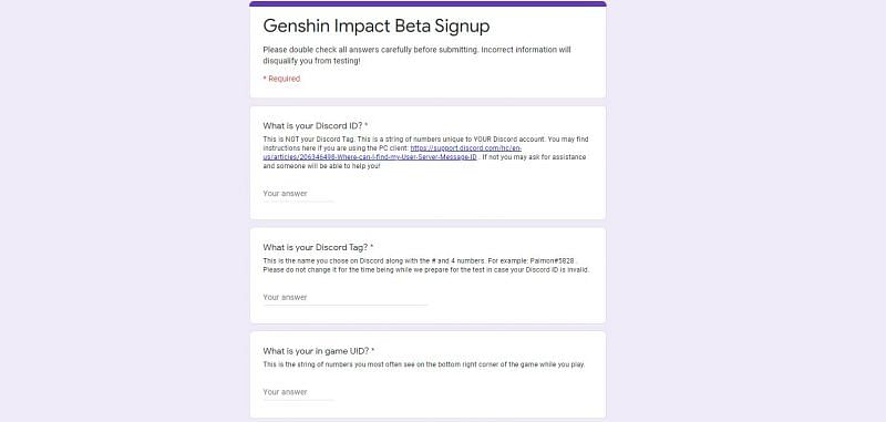 Some of the questions on the Genshin Impact Beta Signup