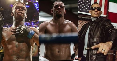 Israel Adesanya (left); Nate Diaz (center); Tony Ferguson (right)