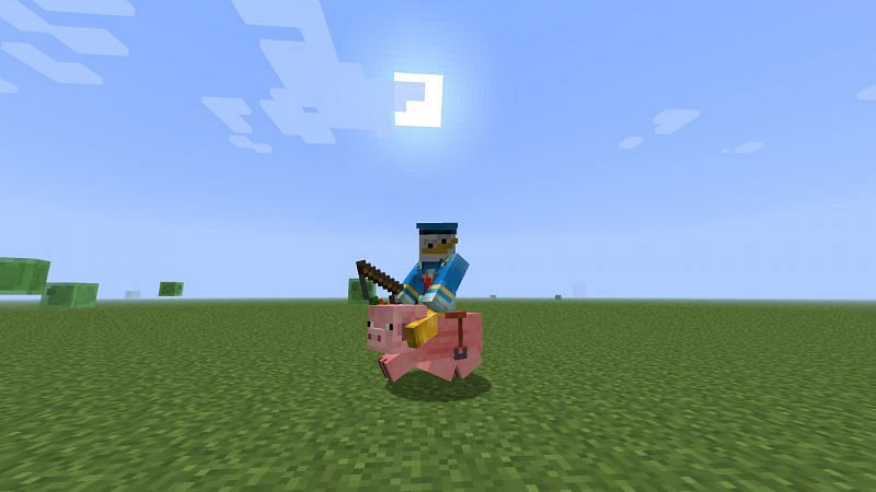 An interesting-looking Donald Duck riding a pig with a Carrot on a Stick in Minecraft (Image via Reddit)