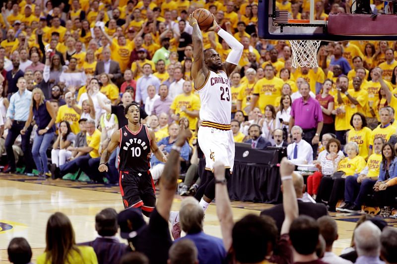 LeBron James #23 goes up for a dunk.