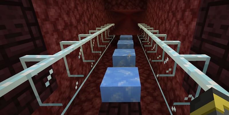 A more efficient example of a blue ice highway. This one is located in the nether (Image via wattles on YouTube)