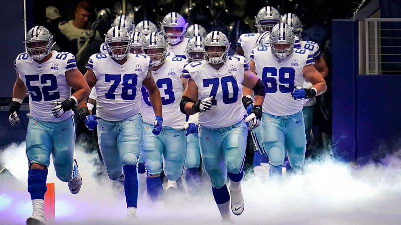 Dallas Cowboys running out of the tunnel before their October 11, 2020 bout against the New York Giants at AT&amp;T stadium