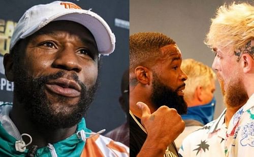 Floyd Mayweather (left); Tyron Woodley (center); Jake Paul (right)