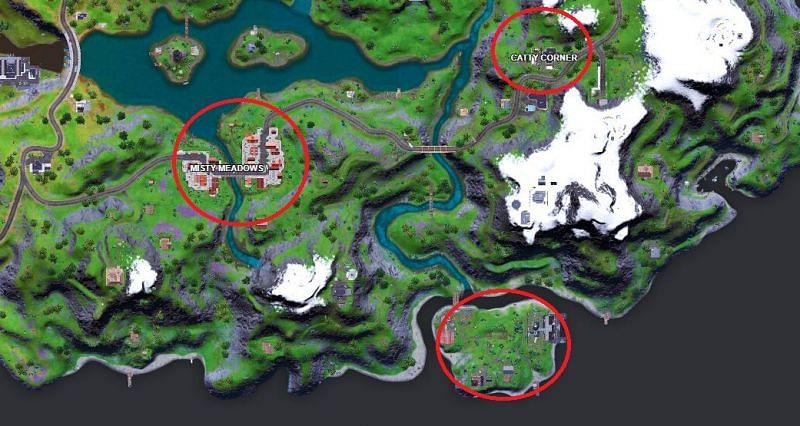 The three different locations loopers need to visit (Image via Fortnite.GG)