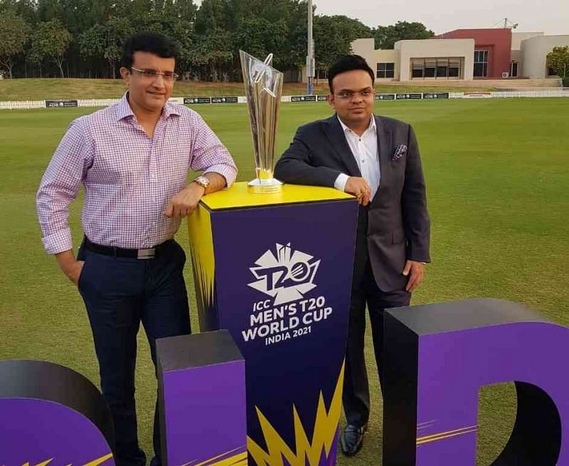 BCCI President Sourav Ganguly and BCCI Secretary Jay Shah pose with the ICC T20 World Cup trophy.