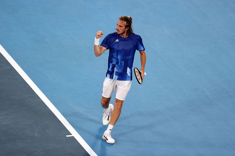Stefanos Tsitsipas during his first-round win at the Tokyo Olympics