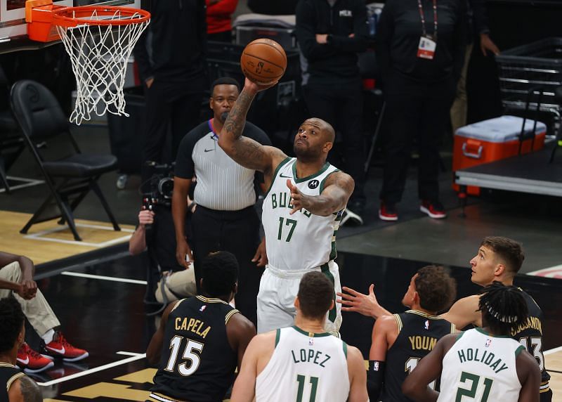 P.J. Tucker goes up for a shot against the Atlanta Hawks during the Eastern Conference Finals