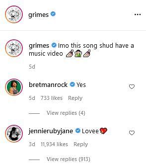 A comment left by Jennie on Grimes&#039; previous Instagram post