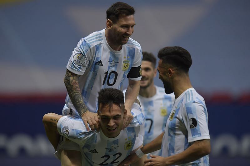 Messi and Lautaro Martinez celebrate after Argentina&#039;s opener against Colombia