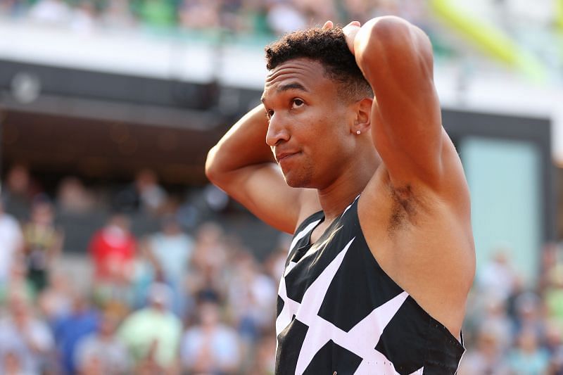 Donavan Brazier reacts after the Men&#039;s 800m Final at the US Olympic Track and Field Team Trials 2021