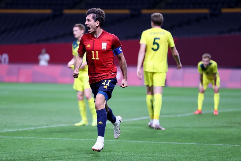 Mikel Oyarzabal exults after scoring Spain&#039;s lone goal against Australia in the Tokyo Olympics.