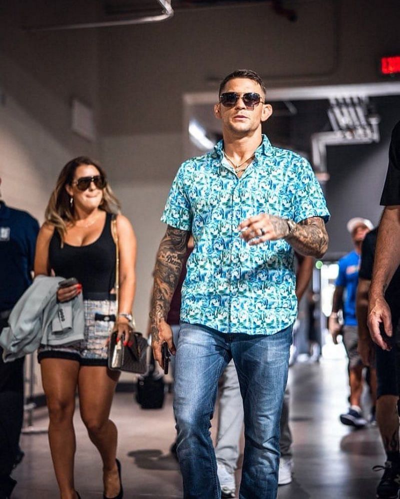 Dustin Poirier (right) with his wife Jolie Poirier (left) at the UFC 264 pre-fight press conference