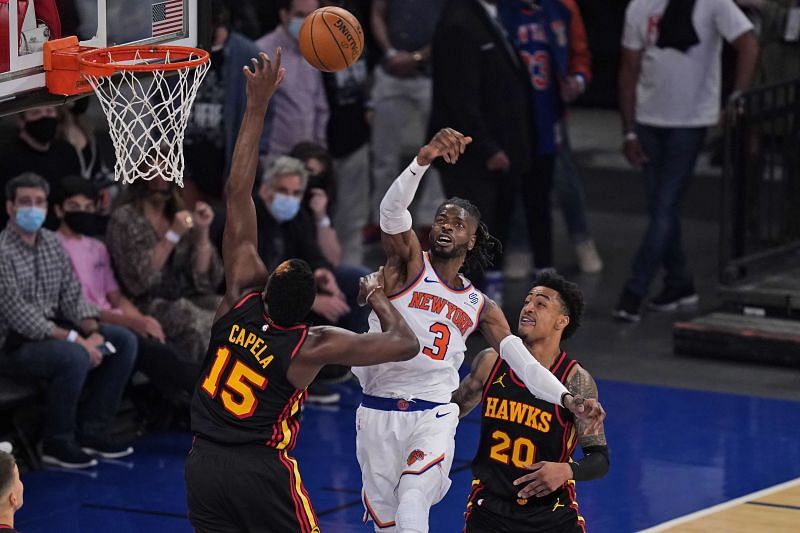 New York Knicks&#039; Nerlens Noel (3) blocks a shot during the second half of Game 1 of an NBA basketball first-round playoff series against the Atlanta Hawks.